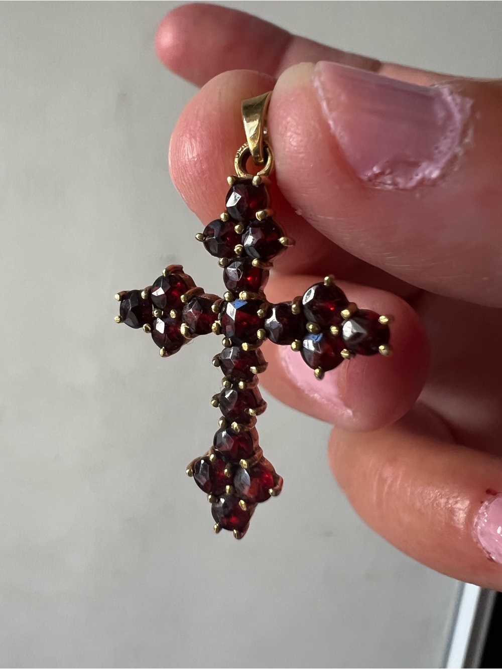 Elegant 14K Gold Cross Pendant with Deep Red Garnet Stones